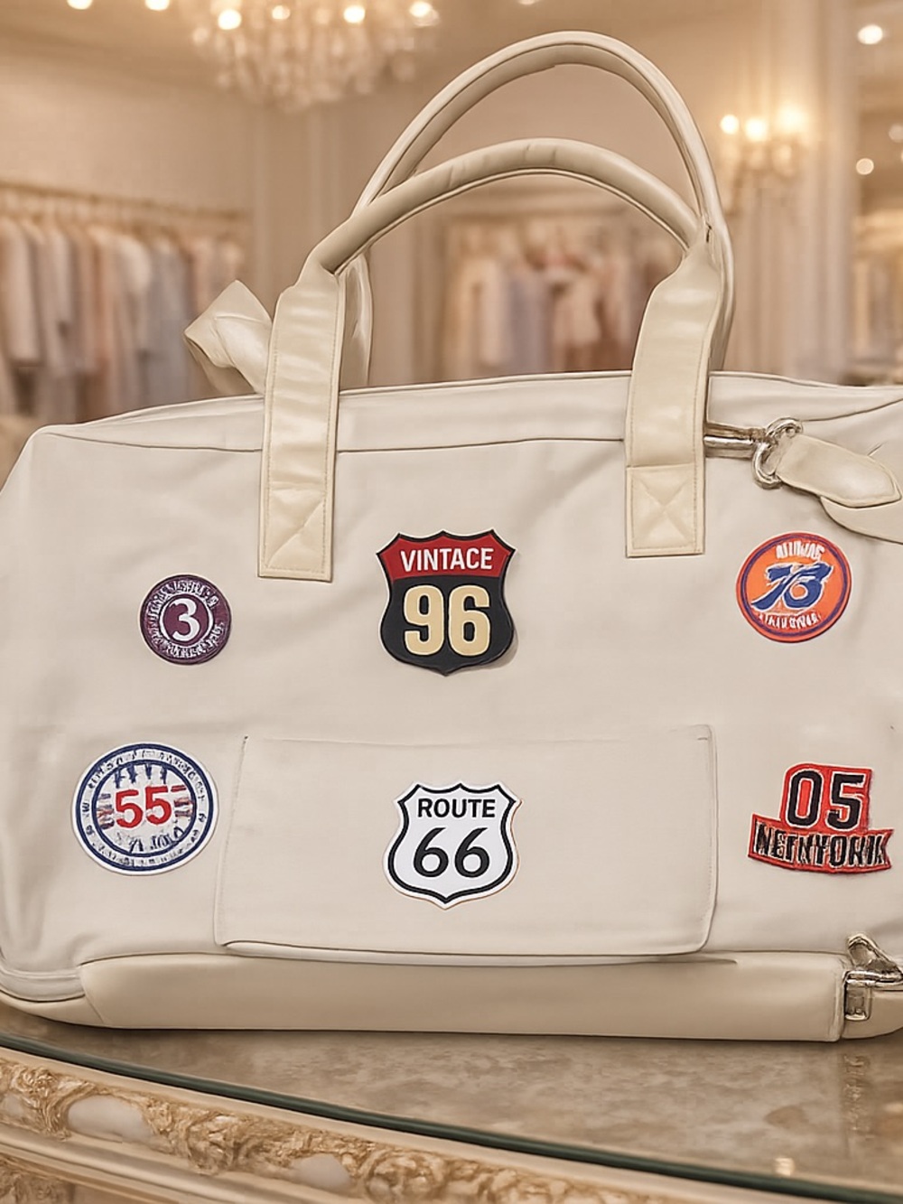 Cream Patchwork Weekender Bag - Route 66 Accent